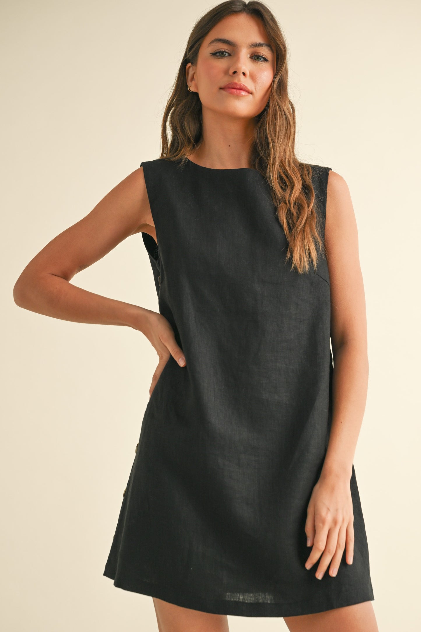 Vestido lino botones negro