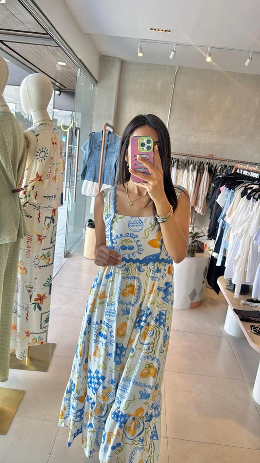 Maxi vestido blanco con azul