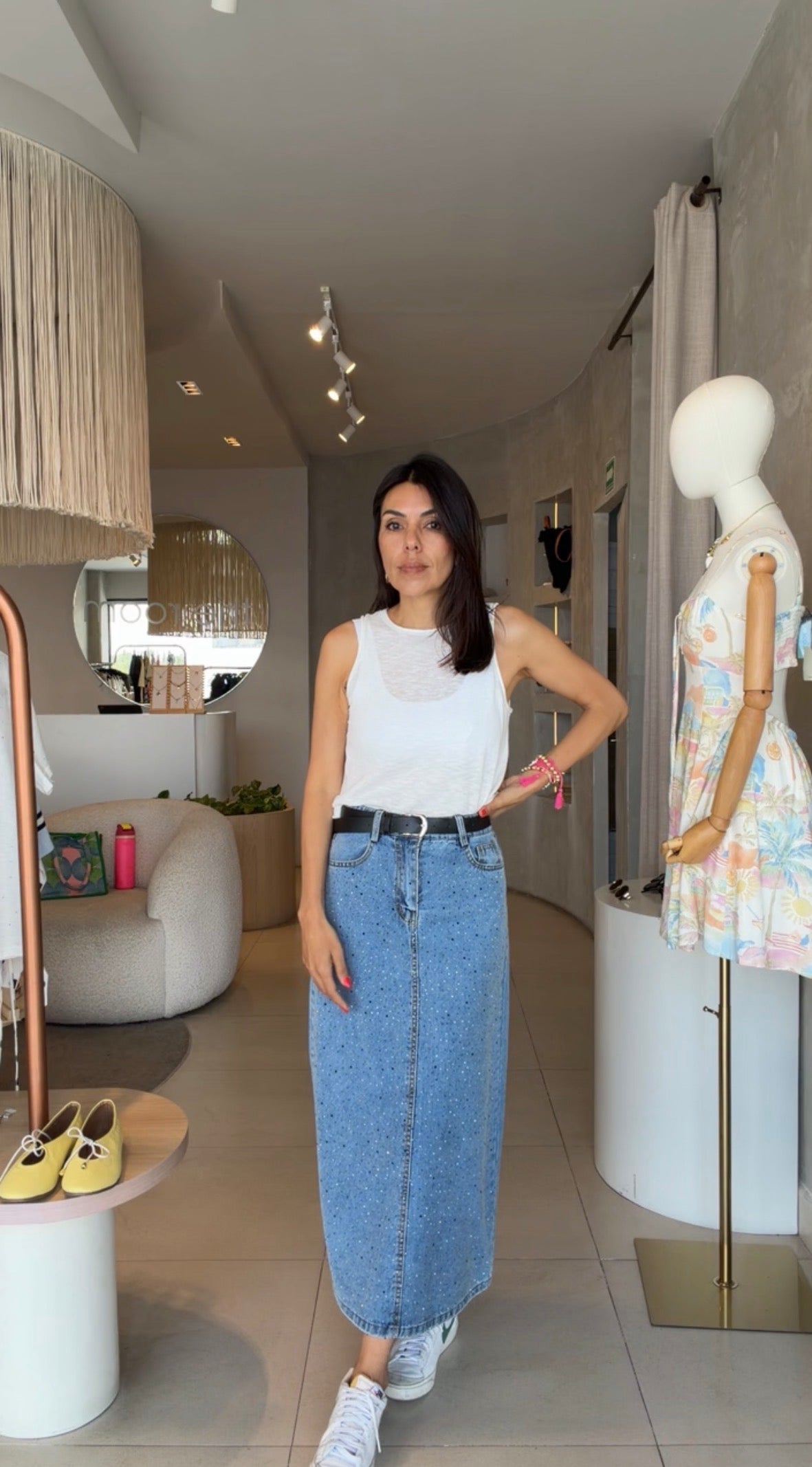 Falda denim brillos