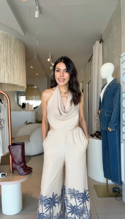 Jumpsuit beige palmeras