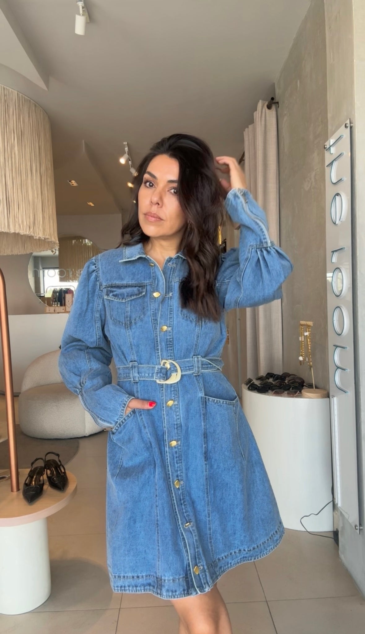 Vestido denim manga globo