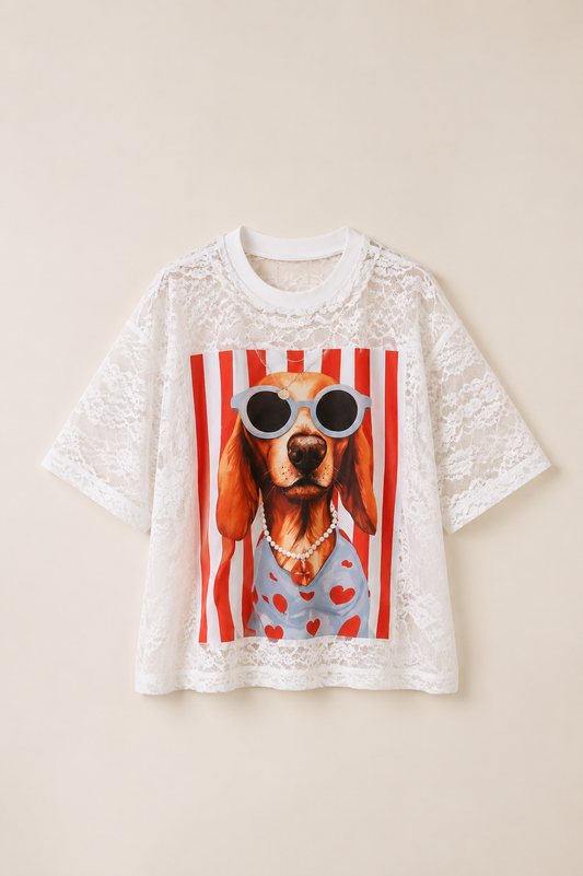 Pre order tshirt encaje blanca perrito