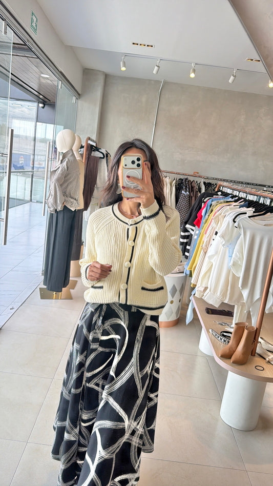 Cardigan beige filo negro